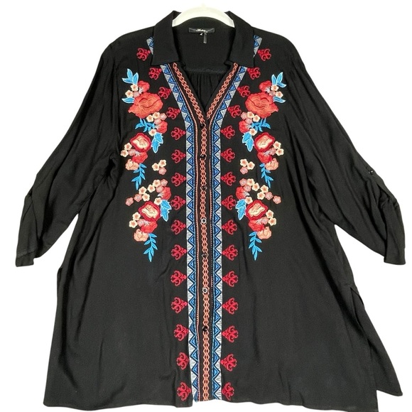 Andree by Unit Black Floral Embroidered Boho Festival Chic Button Up Tunic  Sz L - Picture 1 of 15
